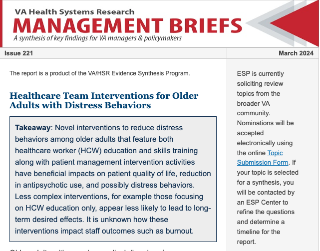 Oooh boy! Talk about a spring break! We've been a little TOO quiet here on the feed! So, let's fix that starting with a new issue of Management Briefs on Healthcare Team Interventions for Older Adults with Distress Behaviors. hsrd.research.va.gov/publications/m…