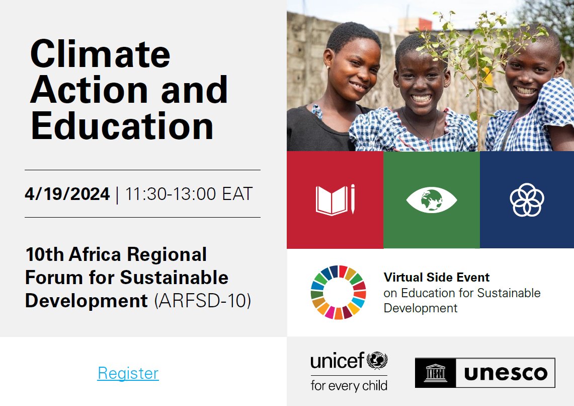 Join @UNICEF and @UNESCO on 19 April on the sidelines of the 10th #ARFSD for an inspiring panel discussion on 'Climate action and education' in Africa. Register here 👇🏿 zoom.us/webinar/regist… @ECA_Official #ClimateAction #education