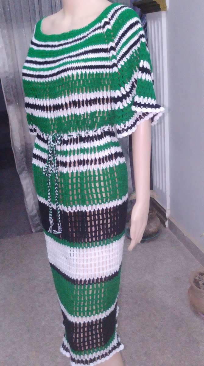 Ecyassin's tweet image. #StayCalm
#CrochetADress
#FreeSize 
Tricolor Beauty
Knee Length 
Sash

N35,000