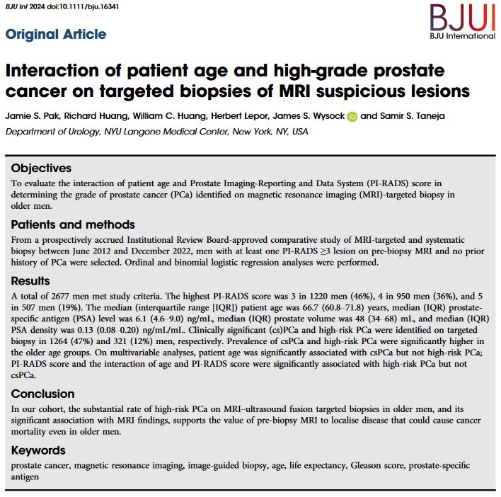 Online now: Interaction of patient age and high-grade #ProstateCancer on targeted biopsies of MRI suspicious lesions @jamiespak @tanejauro et al @WileyHealth doi.org/10.1111/bju.16…