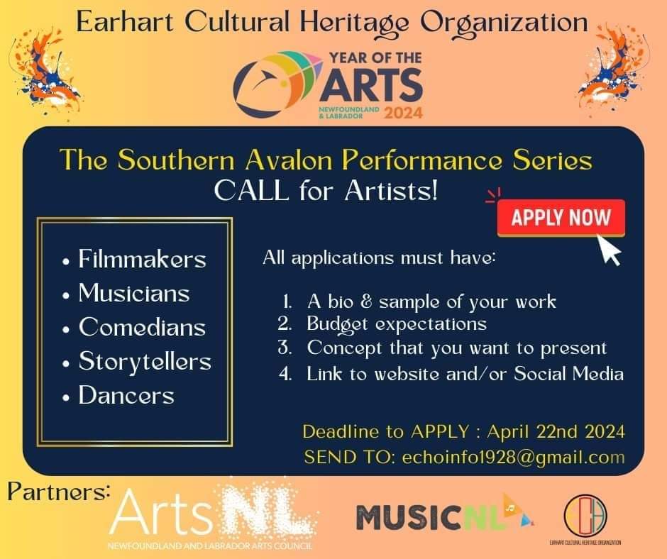 📢 Calling our provincial artists! 💥 Less than a week to apply to this multi disciplinary festival that moves between St. Vincent's and Portugal Cove South throughout the year. 👍 Don't be shy ... apply! #supportthearts #Newfoundland #Labrador #IrishLoop #ArtsNL #MusicNL