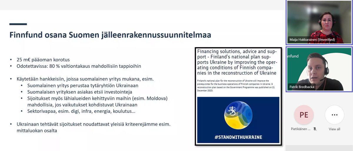 Finnfund oli tänään mukana @teamfinlandfi -webinaarissa, jossa esiteltiin suomalaisille yrityksille tarjolla olevia rahoituspalveluita Ukrainan jälleenrakentamiseen. Mahdollisuuksia löytyy monelle alalle, ja Finnfundin sijoitusten perusteet esitettiin kootusti tässä 👇