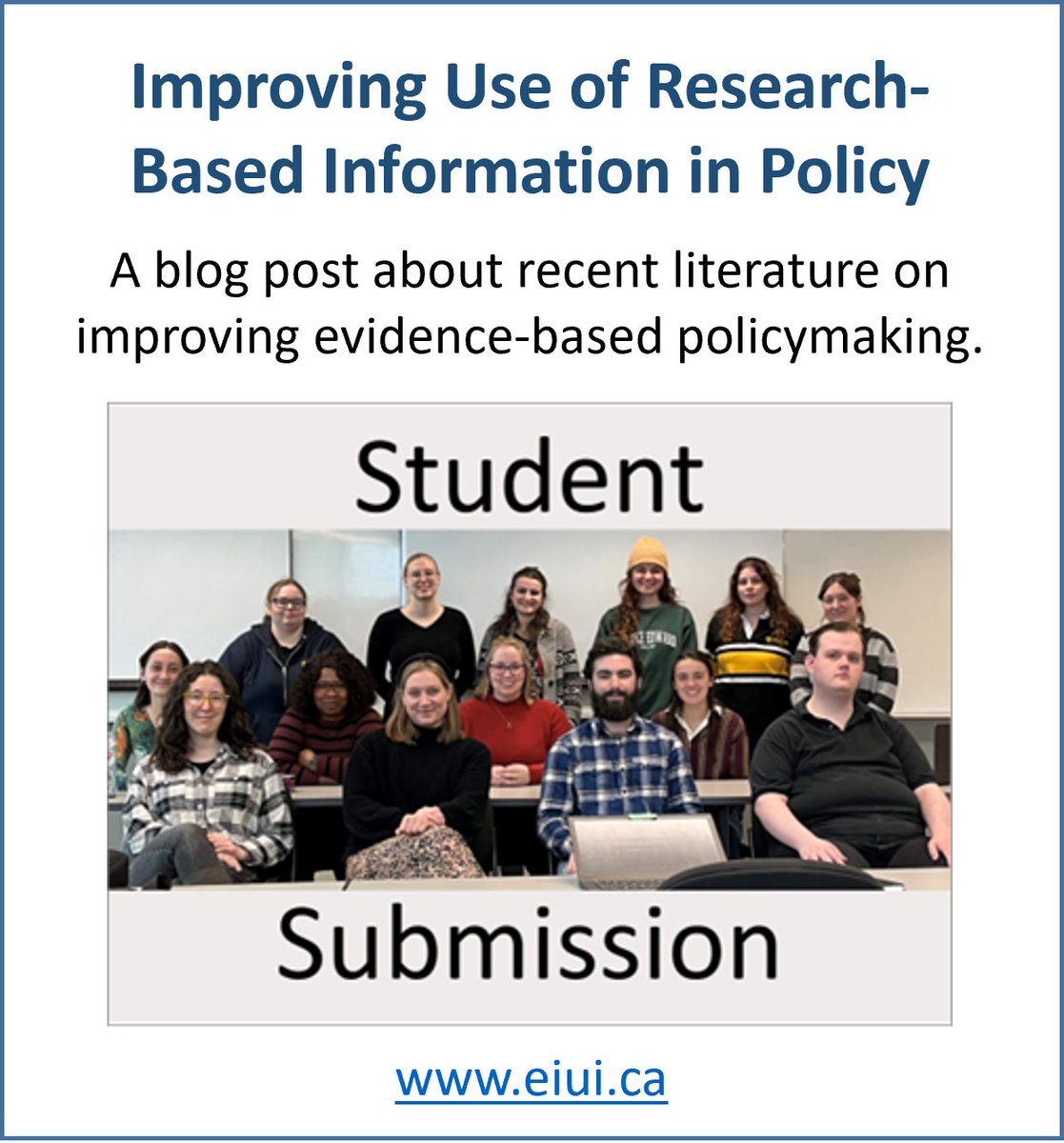 EIUI_Dal's tweet photo. Tho’ #EvidenceBasedPolicymaking has gained extensive traction recently, basing policies on sound research remains somewhat elusive. In a new blog, @DalhousieU graduate students, Curry, Dalby, & McMillan discuss efforts to improve use of research in policy https://t.co/QYZvYWKMKa https://t.co/naAyh1fZvE