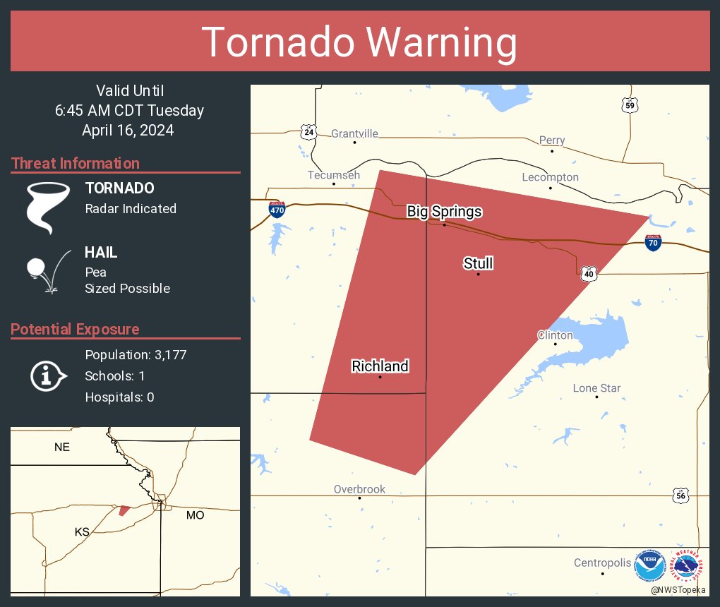 Tornado Warning continues for Richland KS, Stull KS and Big Springs KS until 6:45 AM CDT