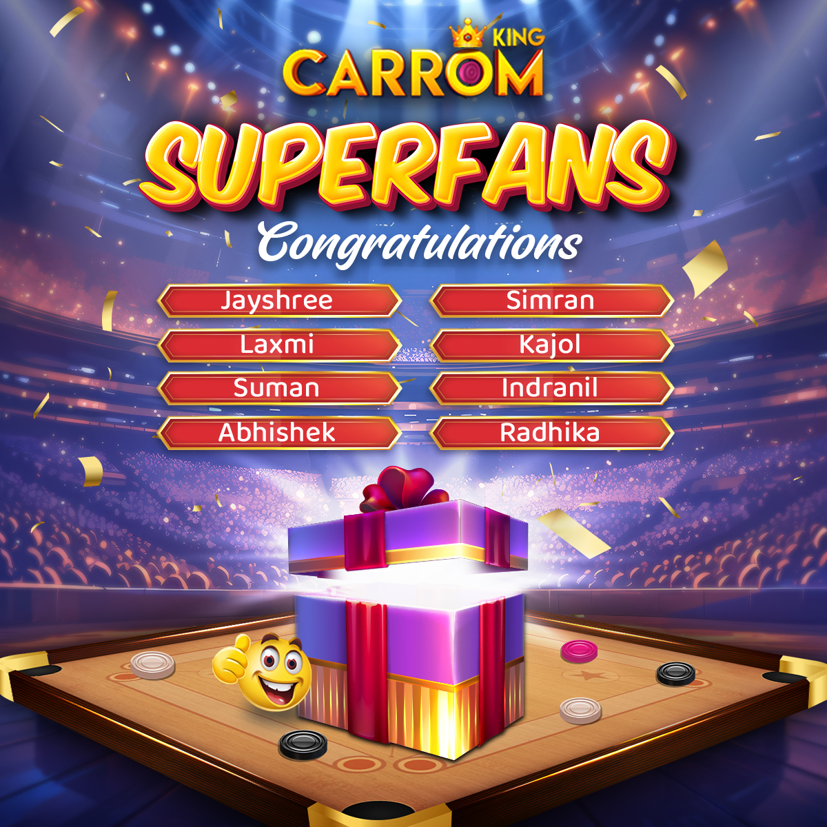 Introducing our Carrom King Super Fans: ashumika, simran pinjani , the jay magic, chavla suman, @kittupari31 , @KajolSaxena7 , indranil, radhika. Let's cheer for their outstanding fandom! 🎉 #CarromKingSuperFan #ContestAlert