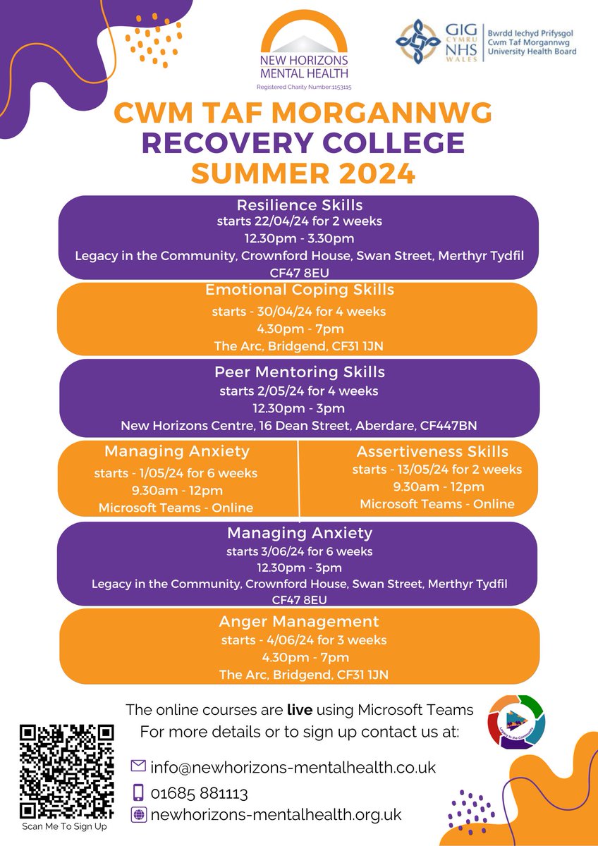 We are happy to share our Summer Term Recovery College Timetable.🎉🎉
The course are completely free and we have running courses both in person at New Horizons, Legacy In The Community and The Arc Bridgend as well as online.🤩
forms.office.com/r/Jy7VmjF24R
#FREE #mentalhealth
