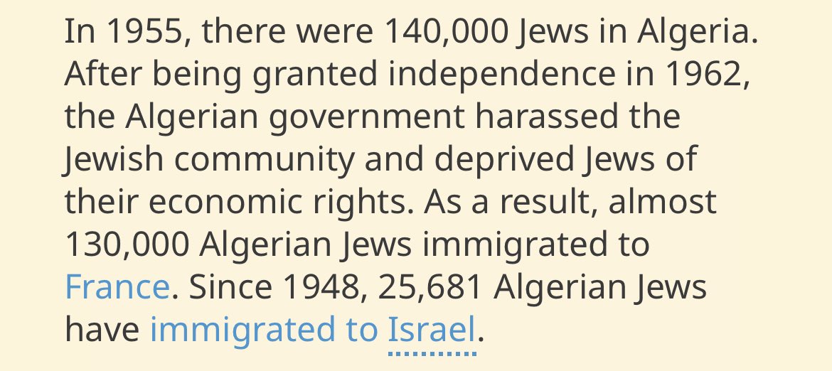 Perfect exemplification of the hatred in IE fuelled by sheer ignorance.

The majority of Jews in Israel are Jews with diaspora experiences in MENA.

Since you bring up Algeria, perhaps give a thought to Algeria’s former Jewish community. If you truly care about ethnic cleansing.