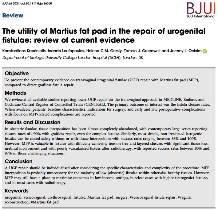 The utility of Martius fat pad in the repair of urogenital fistulae: review of current evidence @jeremyockrim @TamsinGreenwel1 @WileyHealth doi.org/10.1111/bju.16…