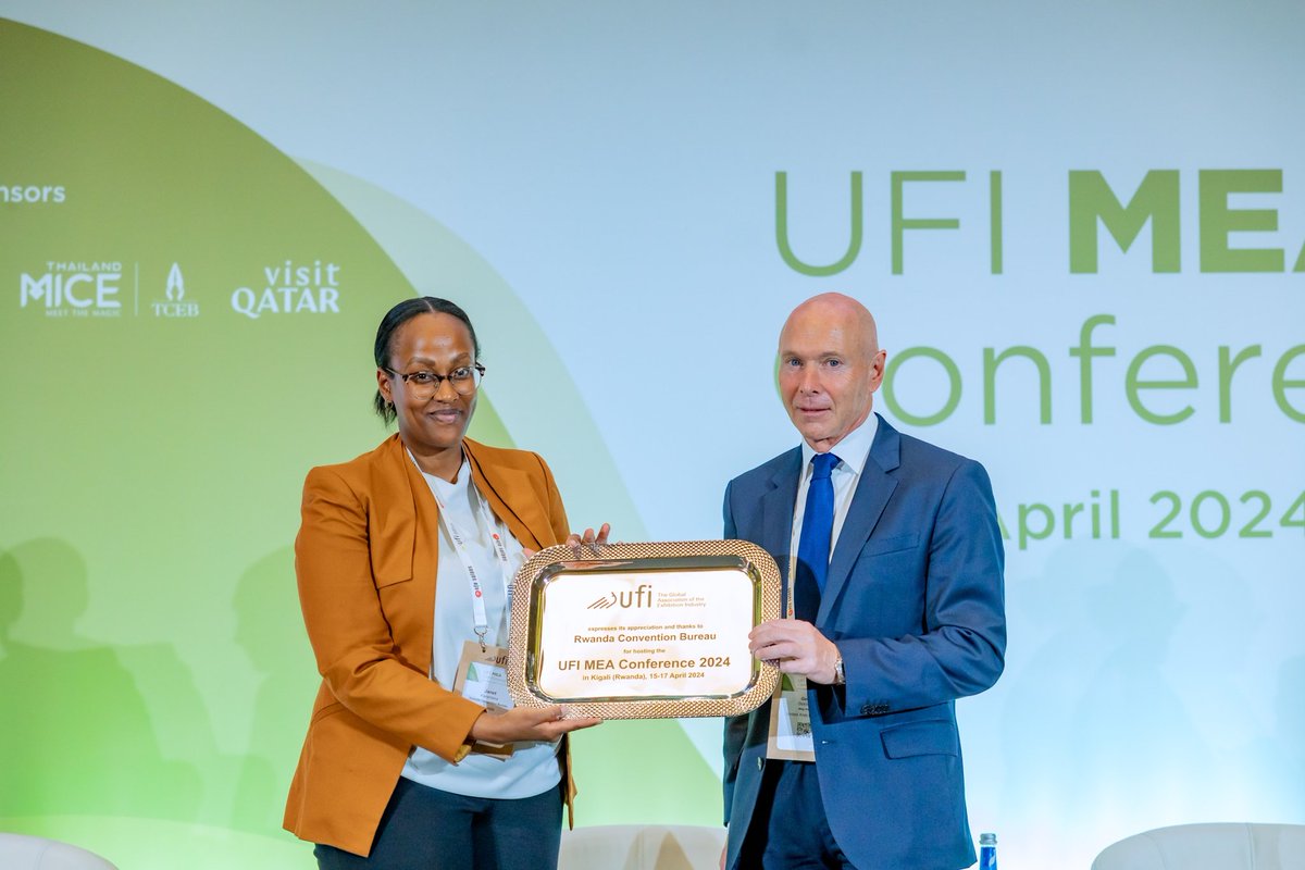 Janet Karemera, Chief Executive Officer of the Rwanda Convention Bureau, joined UFI President Geoff Dickinson at the opening of the @UFILive Middle East & Africa Conference in Kigali.

#InvestInRwanda | #RwandaIsOpen