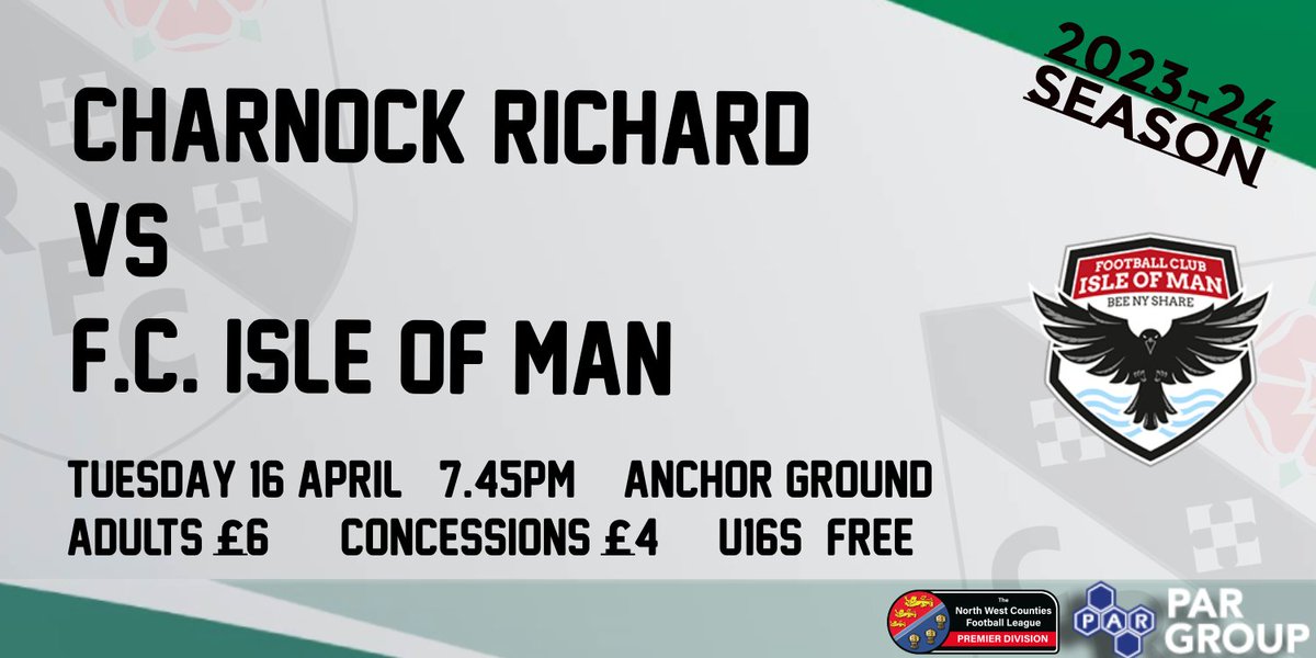 ▶️ Tuesday Night Football Tonight we will be hosting the @nwcfl Premier Division game between @CharnockFC and @FCIsleOfMan Admission details are below 👇 #OneClub 🇦🇹