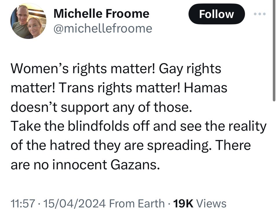 Have you spoken up in support of the LBGTQ+ community previously, Michelle? Not a good idea to bring one of the most vulnerable groups into one of the most contentious conflicts on the planet. This is not good advocacy.