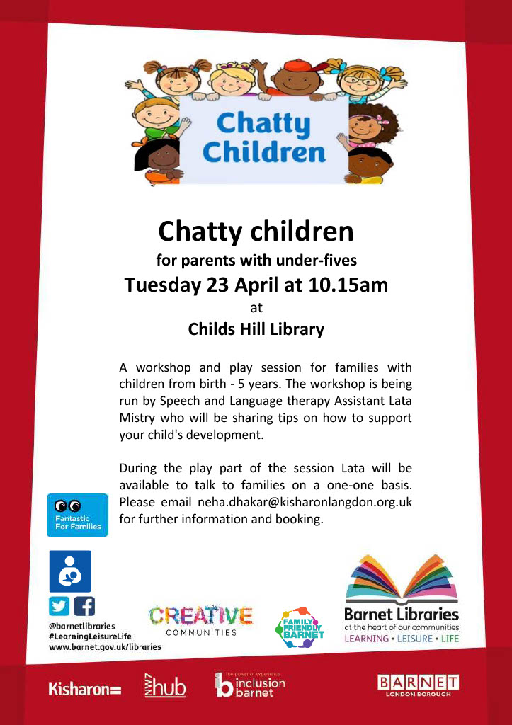 Parents with kids under five are invited to a Speech and Language Therapy workshop at 10.15am on 23rd April. This fantastic free event, run by Lata Mistry, will offer advice on supporting your child's development. See the poster below to book your place! #barnetlibraries