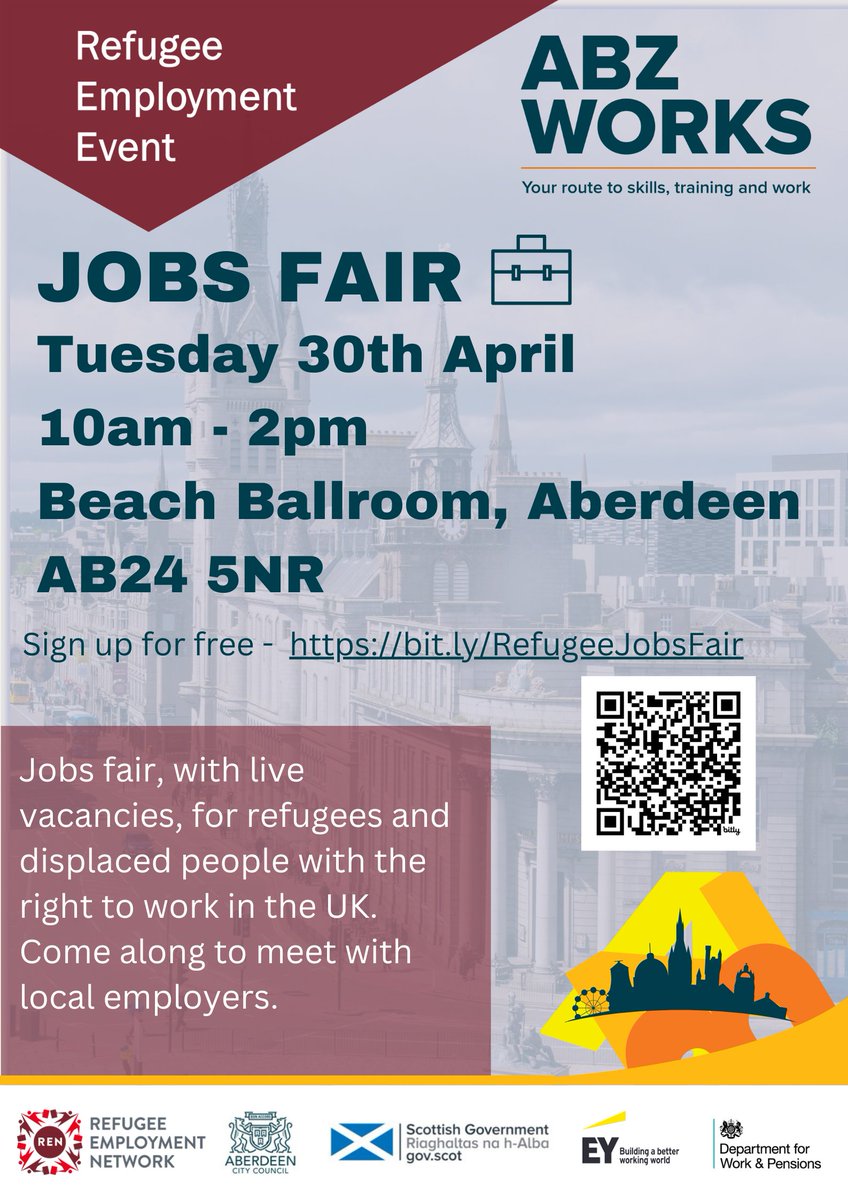 Our next jobs fair for refugees and displaced people is taking place on Tues 30th April at the Beach Ballroom, Aberdeen.

Read more here - lnkd.in/esQ8cZMG

Sign up here to attend here - lnkd.in/ep9Mg87Q

#NoOneLeftBehind #abzworks #refugeeemployment