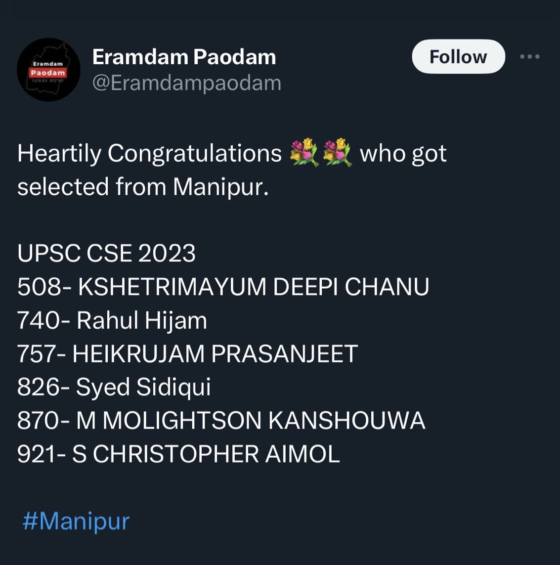 HennaryL's tweet photo. Eramdam Paodam, a prominent Meitei social media news outlet, has acknowledged the separation between the Kuki and Meitei communities. 
Thank you E.Paodam 🙏

Heartfelt congratulations to all the Kuki candidates who have cleared the UPSC examination 
From
 Kukiland! https://t.co/OSj10pUPS1