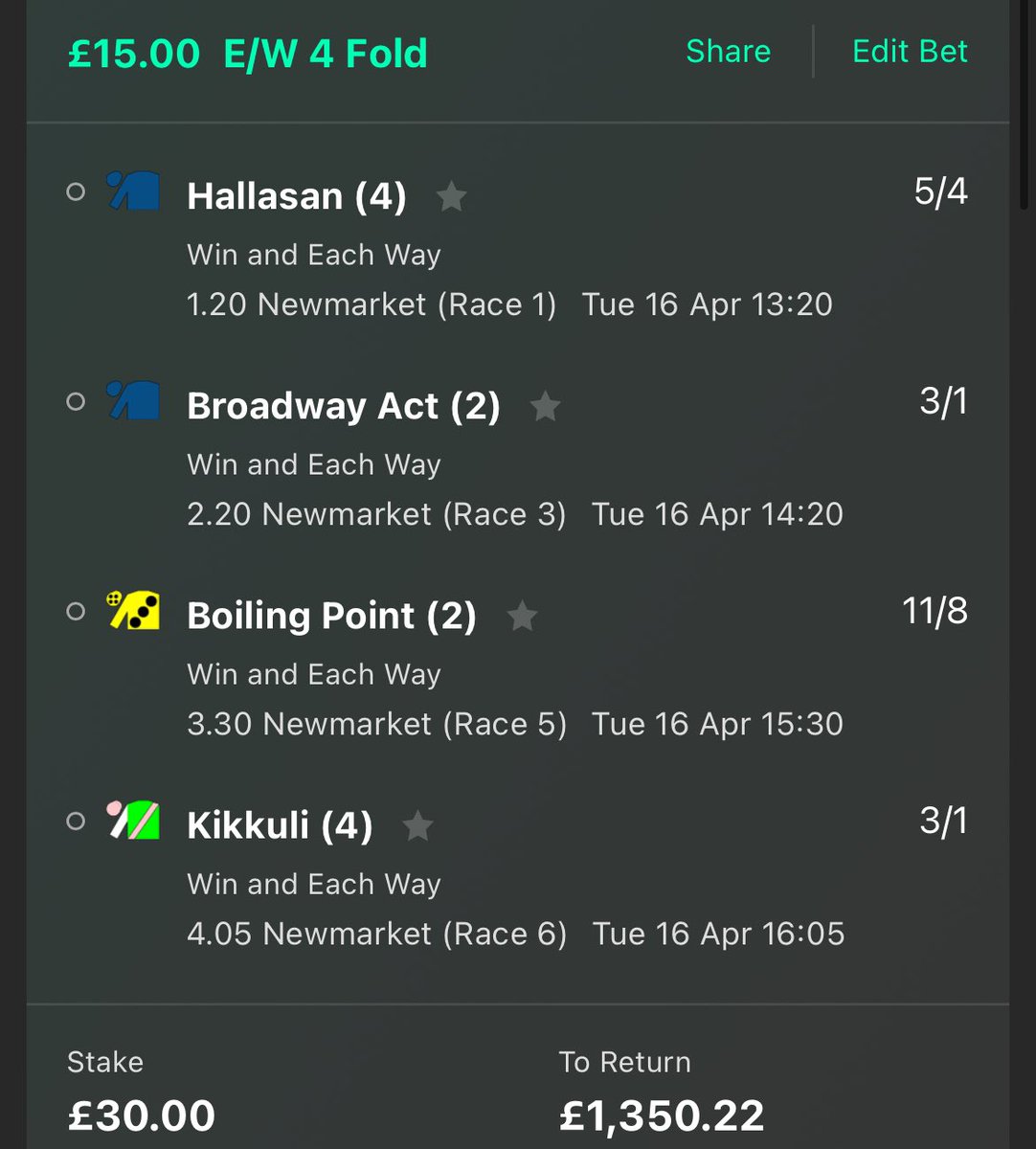 Hoping for an absolutely mega day at Newmarket, early prices were an absolute gift, heading there for tomorrows racing as well so hopefully these will pay for tomorrow 🤣🤞🏻
#HorseRacing