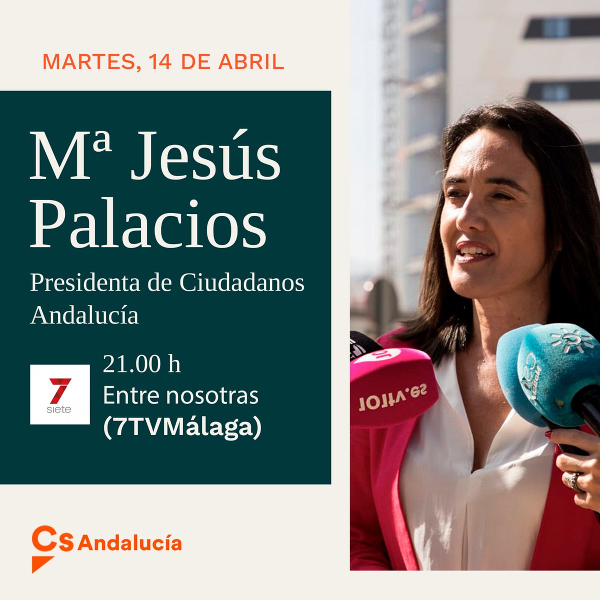 🎙️🗞️📰 La presidenta de @Cs_Andalucia en Andalucía, @mjesuspalacios estará esta noche a las 21:00🕘 en @7TVMalaga 📺 Entre Nosotras 👠👠