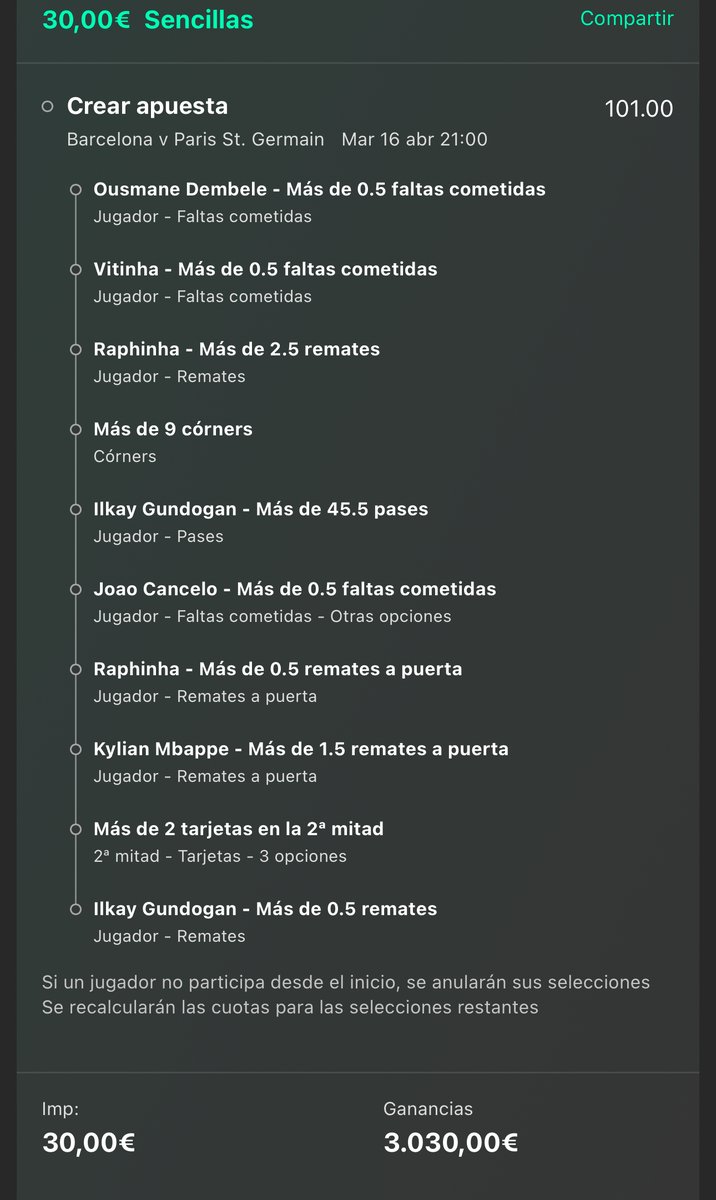 ⭐️CUOTA 100 BARCELONA-PSG CON PREMIO SI SE ACIERTA:

🫡 1 PREMIO DE 250€ entre todos los comentarios que haya mencionando a un amigo

🤩10 PREMIOS DE 25€ ENTRE TODOS LOS RT

🤪50 PREMIOS DE 10€ ENTRE TODOS LOS LIKE

⚠️Para participar tenéis que seguirme: