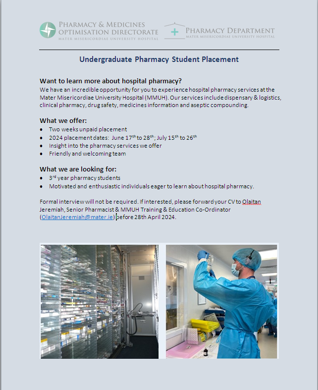 Are you interested in learning about hospital pharmacy? A number of pharmacy summer placements available at MMUH for 3rd year undergraduate pharmacy students. Apply before 28 Apr 2024 #pharmacystudent #pharmacyplacement @APPEL_Pharmacy @TCDPharmacy @RCSIPharmBioMol @Pharmacy_UCC