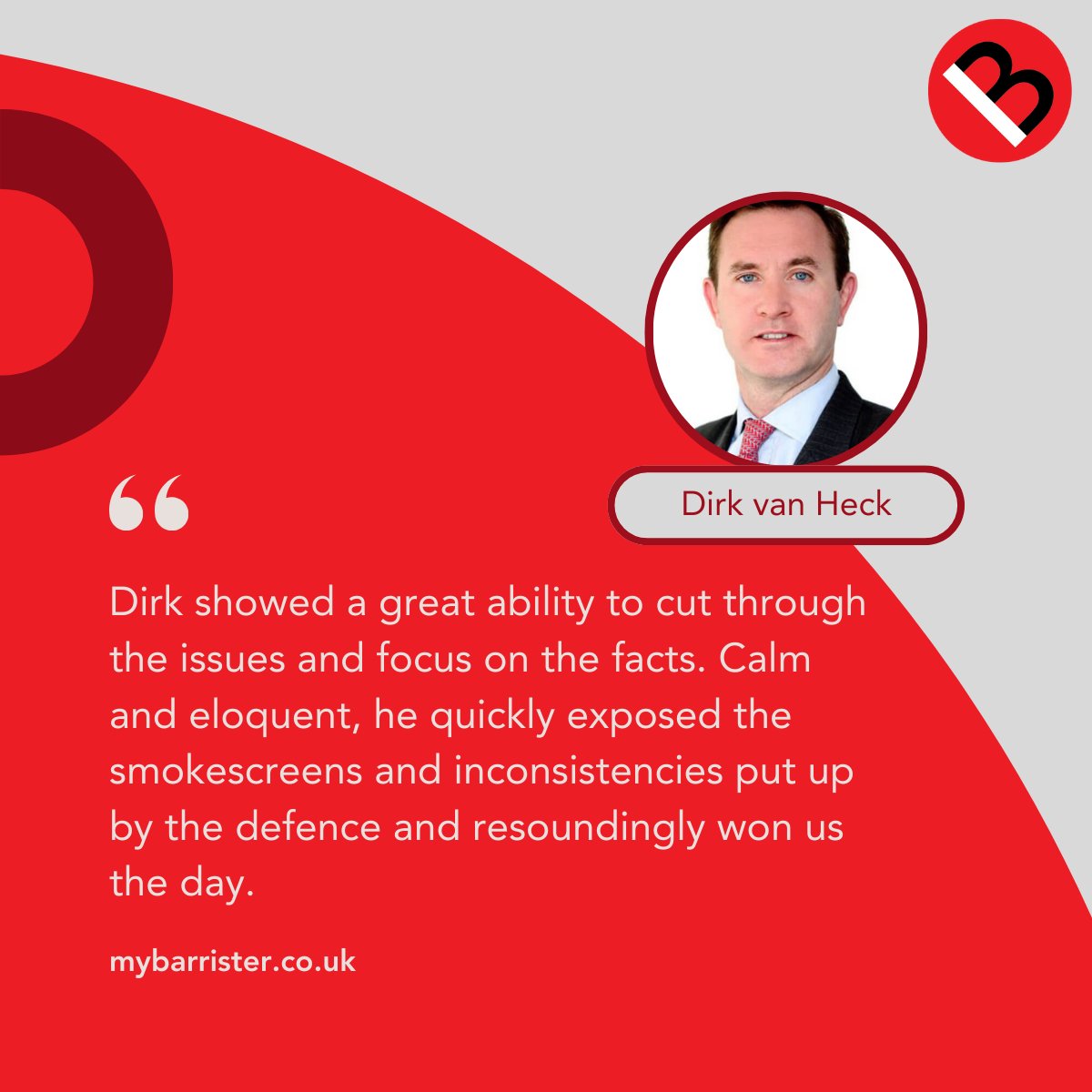myBdirect's tweet photo. "My company recently had the privilege of being represented by Dirk van Heck in a county court action. 

He showed a great ability to cut through the issues and focus on the facts. I would have no hesitation recommending Dirk as an excellent commercial barrister and advocate." https://t.co/2N8DeTHSqN