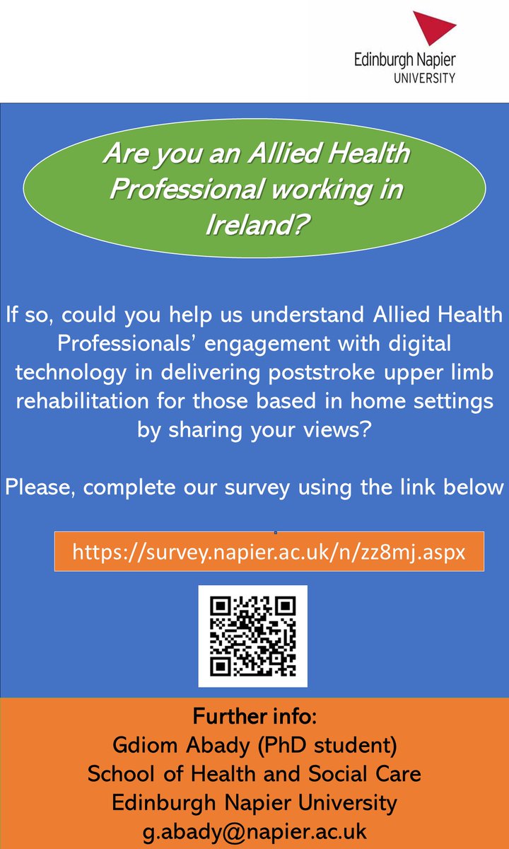 All Irish OT’s and PT’s working in stroke care, please consider taking part in this survey to examine the extent of use of digital technologies in upper limb rehabilitation after stroke