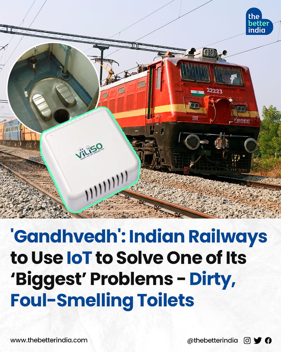 thebetterindia's tweet image. Indian Railways is tackling the issue of unclean and unpleasant toilets in trains and stations head-on using tech. 

#IndianRailways #IoT #SmartToilets #PassengerComfort #India    

[Indian Railways, Odor Management, Train Toilets]