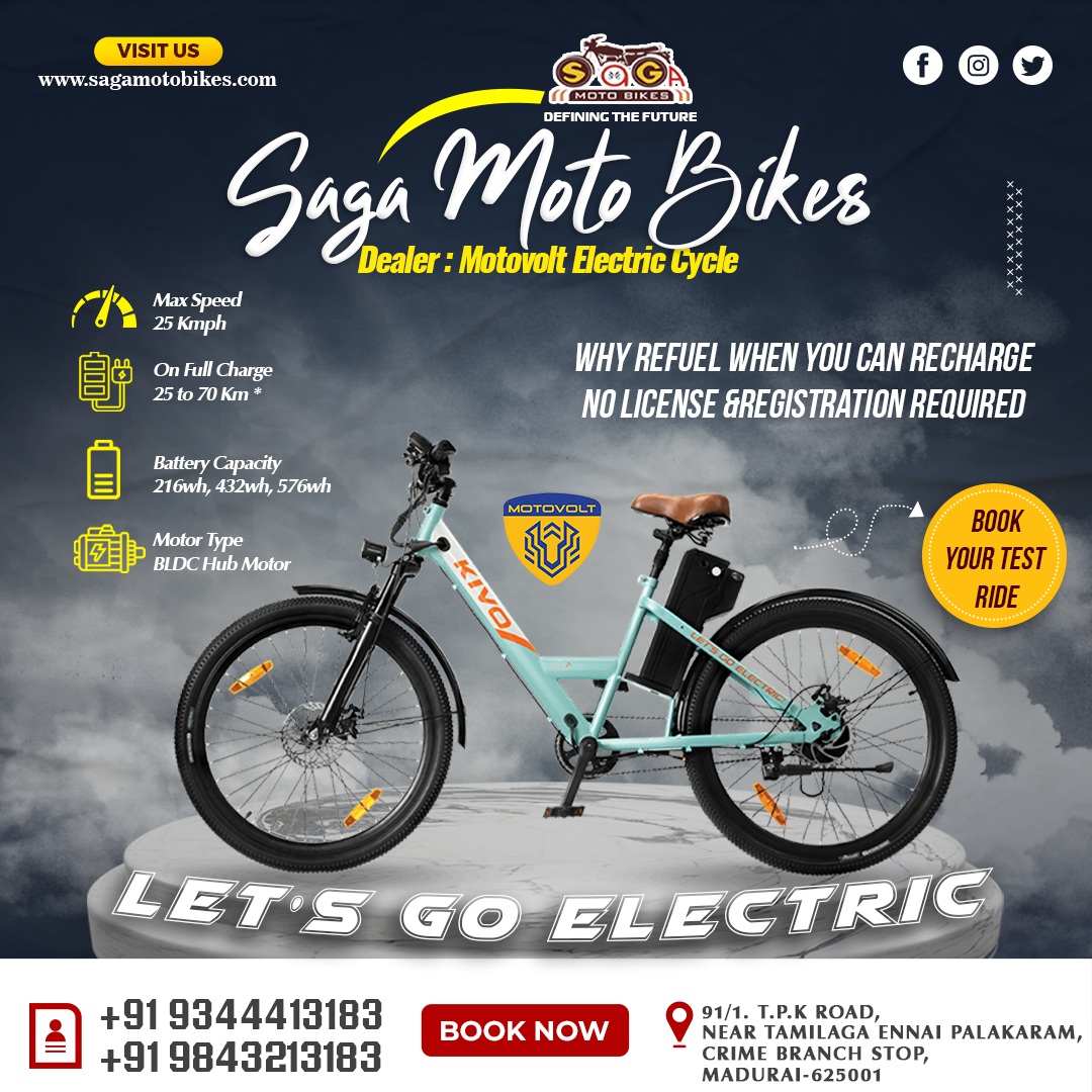 Let's Go Electric - Saga Moto Bikes - Motovolt Electric Cycle - Madurai #serviceandwarranty #dealer #pedalassistmode #EnergyStorage #assistedbike #fastandflexing #improvefitness #ecofriendly #newtech #battery #urbn #safety #rideinfo #customersupport #performance #savings #trend #