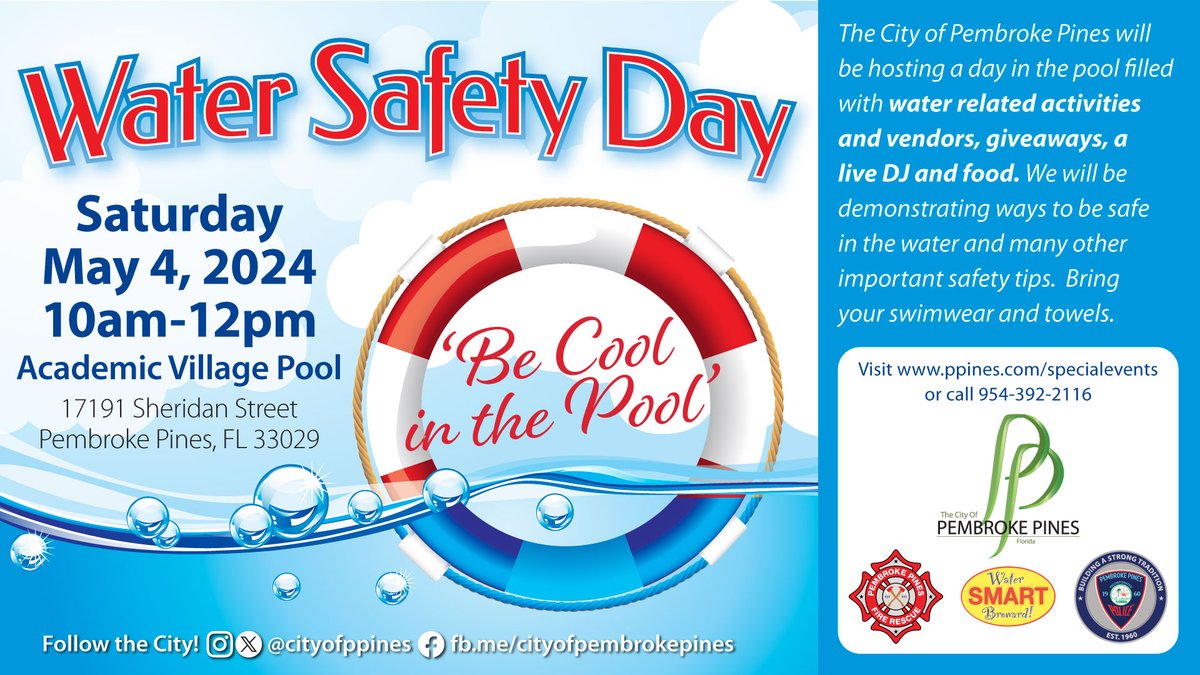 Dive into fun on 'May the Fourth' with Water Safety Day at Academic Village Pool! 🌊💙 Join us 5/4, 10 AM-12 PM for safety demos, swimming, and a galaxy of fun. 💫🏊
 Visit: ppines.com/325/Special-Ev…

#WaterSafetyDay #MayTheFourth #FamilyFun #PembrokePinesSafety