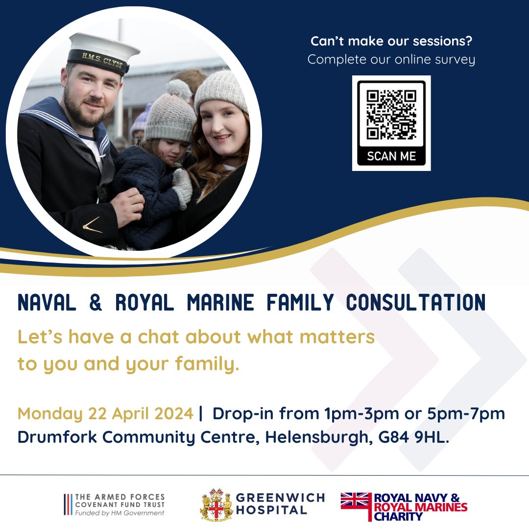 ⚓️| #RoyalNavy & #RoyalMarines Family Consultation. Have your say in improving local services for families across #Scotland! 📱 Complete our 5-min survey: bit.ly/3U6vvd1. Survey delivered in partnership with @RNRMC, @CovenantTrust & @Greenwich_Hosp.