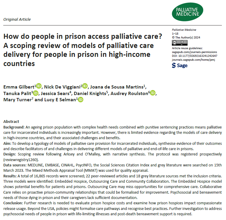 Now out in @PalliativeMedJ: How do people in prison access palliative care? A scoping review of models of palliative care delivery for people in prison in high-income countries journals.sagepub.com/doi/10.1177/02…