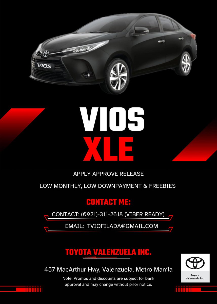 IvanOfii's tweet photo. 5K DOWNPAYMENT
2024 VIOS XLE CVT
2️VALID IDS LANG ANG REQUIREMENT
CASH, FINANCING(TFS &amp; OTHER BANKS),
TRADE IN, BANK/CORPORATE/COMPANY PO, REFERRALS
contact me below:
Ivan Ofilada
Marketing Professional Toyota Valenzuela 
09213112618 
#Toyota #Vios #bestdeals #toyotabestdeals https://t.co/YqSK4kGNcM