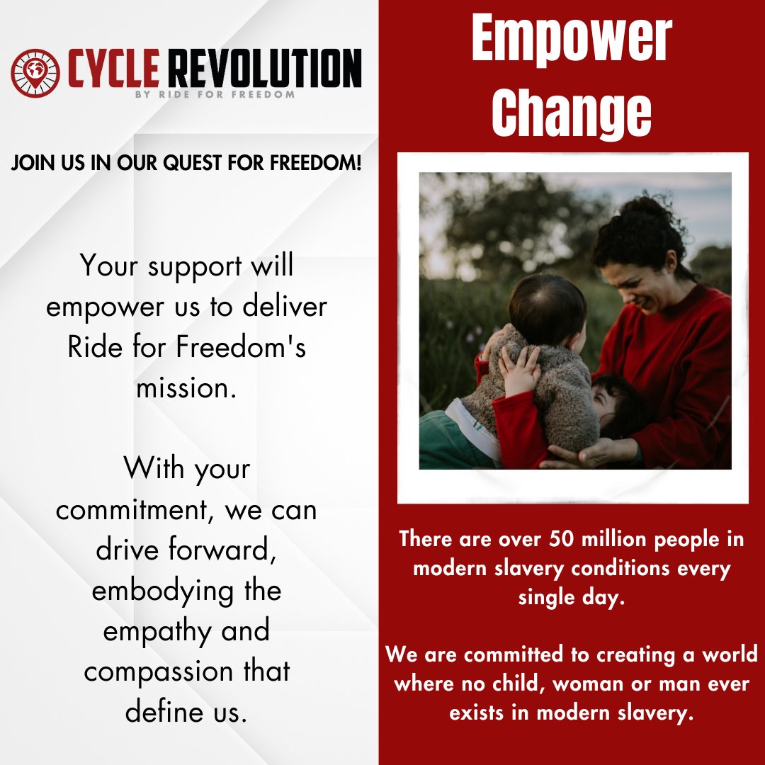 RideForFreedom2's tweet image. Join #RideForFreedom&apos;s #CycleRevolution from Oct 14-20, 2024, to #endmodernslavery. Become a sponsor and fuel our cause, reflecting your company&apos;s empathy and compassion. Let&apos;s make history together- tinyurl.com/ye236se4
Contact info@rideforfreedom.org.