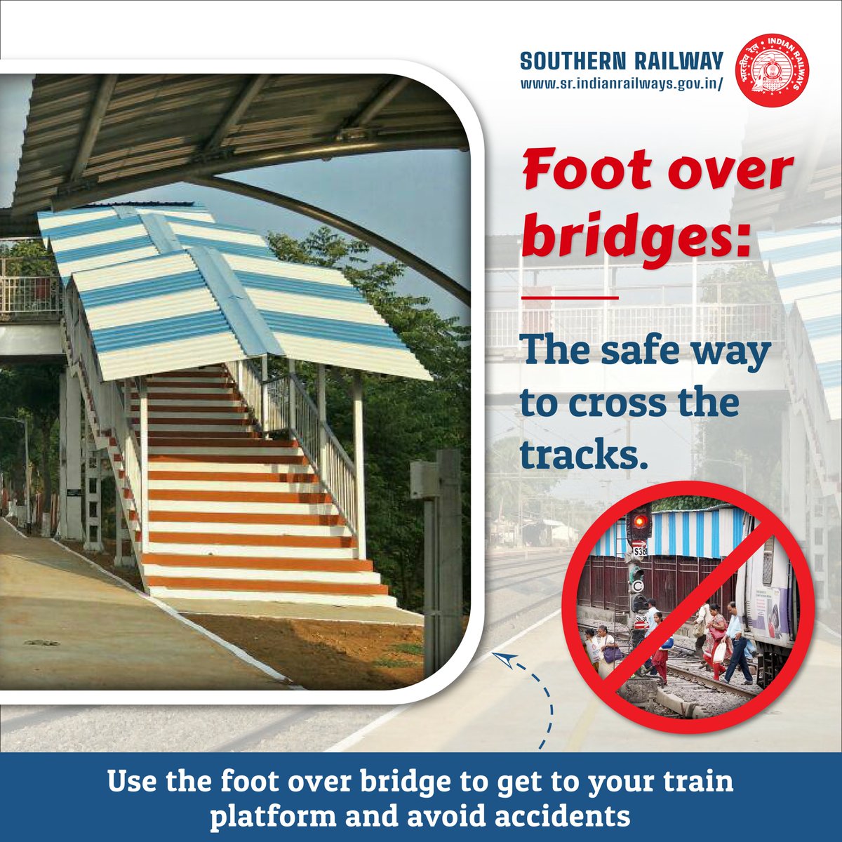 GMSRailway's tweet photo. 🚉 Safety first! Use the foot over bridge at railway stations.
Avoid crossing tracks and ensure a safer journey for everyone. 🚫🚂
#RailwaySafety #UseFootOverbridge #SouthernRailway https://t.co/7tl2ZLEftz