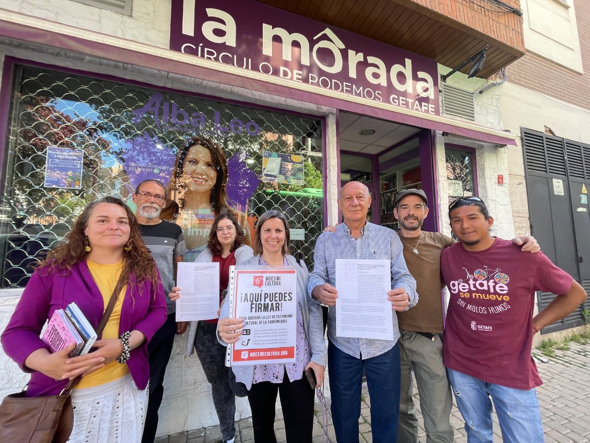 🟣 Desde La Morada de @PodemosGetafe, nos unimos a la ILP de @NoEsMiCultura para derogar la Ley que considera a la tauromaquia Patrimonio Cultural. 🤦🏻‍♀️ ¡Ahora a por las 500.000 firmas!  👉🏼 noesmicultura.org/registro #LaTorturaNoEsCultura  #DerogaciónTauromaquia