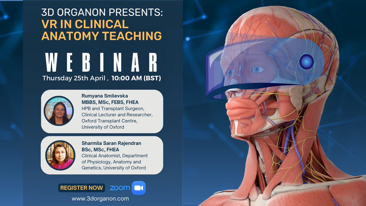 Join us for the 'VR in Clinical Anatomy Teaching' webinar on: 🗓️ Date: Monday, April 25th 🕙 Time: 10:00 AM BST 🔷 We're honored to welcome esteemed guest speakers: 🎙️ Dr. Sharmila Saran Rajendran & Dr. Rumyana Smilevska, 🔗 Register now: us06web.zoom.us/webinar/regist…