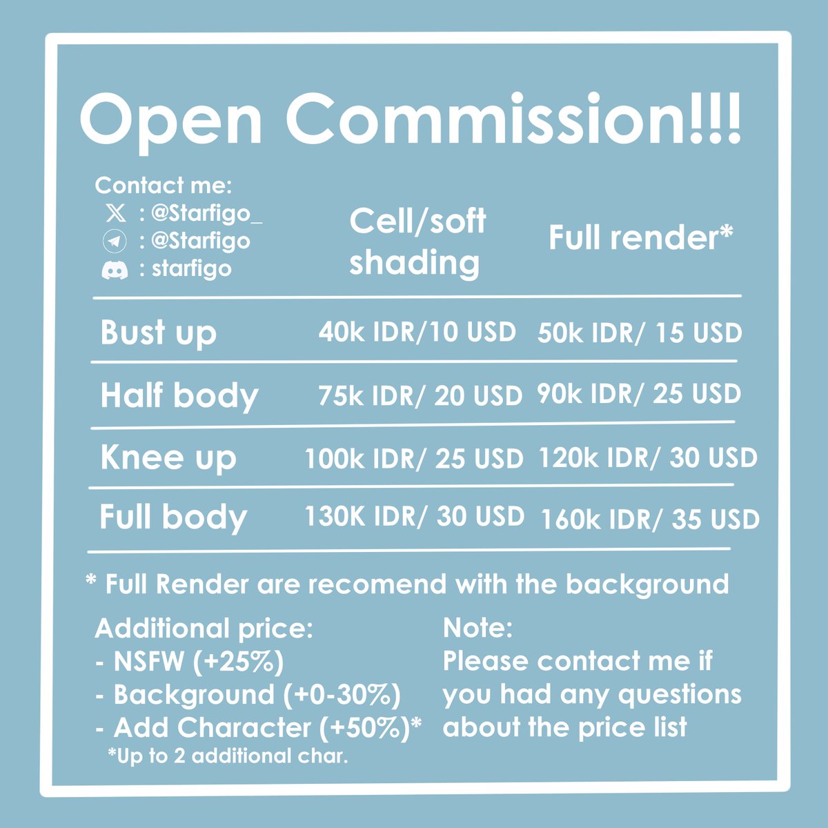 Starfigo_'s tweet photo. I open for Commission!!! ✨✨

Slot:
Locale (0/2)
International (0/2)

Feel free to DM me if you're interested :3 https://t.co/NGQ8nUtFt6