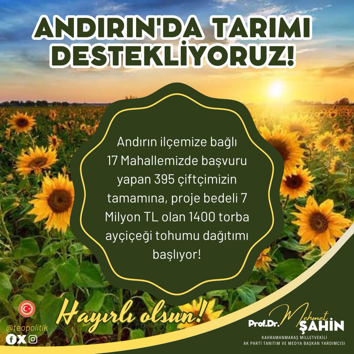 TARIMI DESTEKLİYORUZ! #Andırın ilçemize bağlı 17 Mahallemizde başvuru yapan 395 çiftçimizin tamamına proje bedeli 7 Milyon TL olan 1400 adet torba ayçiçeği yağı dağıtımı başlıyor. Yaklaşık 28 Bin dekar arazinin ekimini sağlayacak bu önemli projenin tüm çiftçilerimize hayırlı