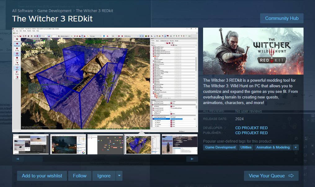 CDPR released the steam page for The Witcher 3 REDkit. So far they will be rolling it out slowly to people. You can request the access to be one of the first to try it out. I will be checking this out today.