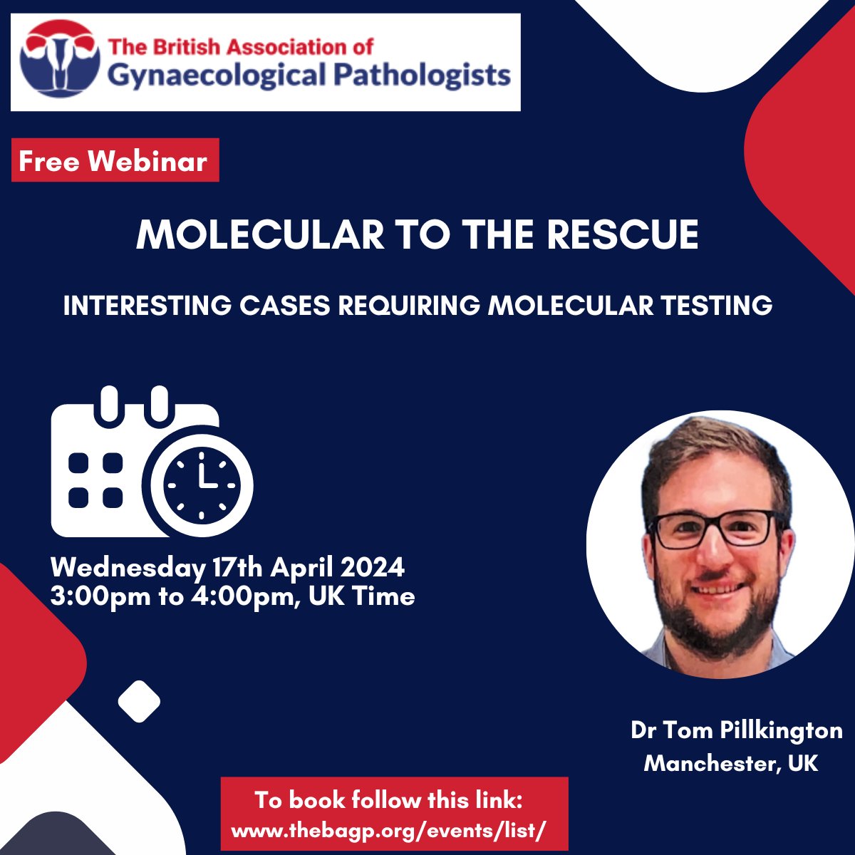 Please join @BAGPGynPath for our monthly free webinar on 17 April at 15:00 UK time. This month's topic is 'Molecular to the rescue - interesting cases requiring molecular testing' presented by Dr Pilkington. Register @ thebagp.org/events/list/ #PathTwitter #GynPath #GynaePath