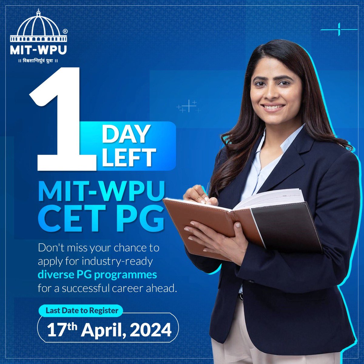Unlock a world of opportunities with our industry-ready postgraduate programmes.
The clock is ticking ⏰, only one day left to apply!

Don't miss out on your chance to secure a successful future.

Apply NOW to explore diverse PG programs tailored for tomorrow's leaders.

#MITWPU