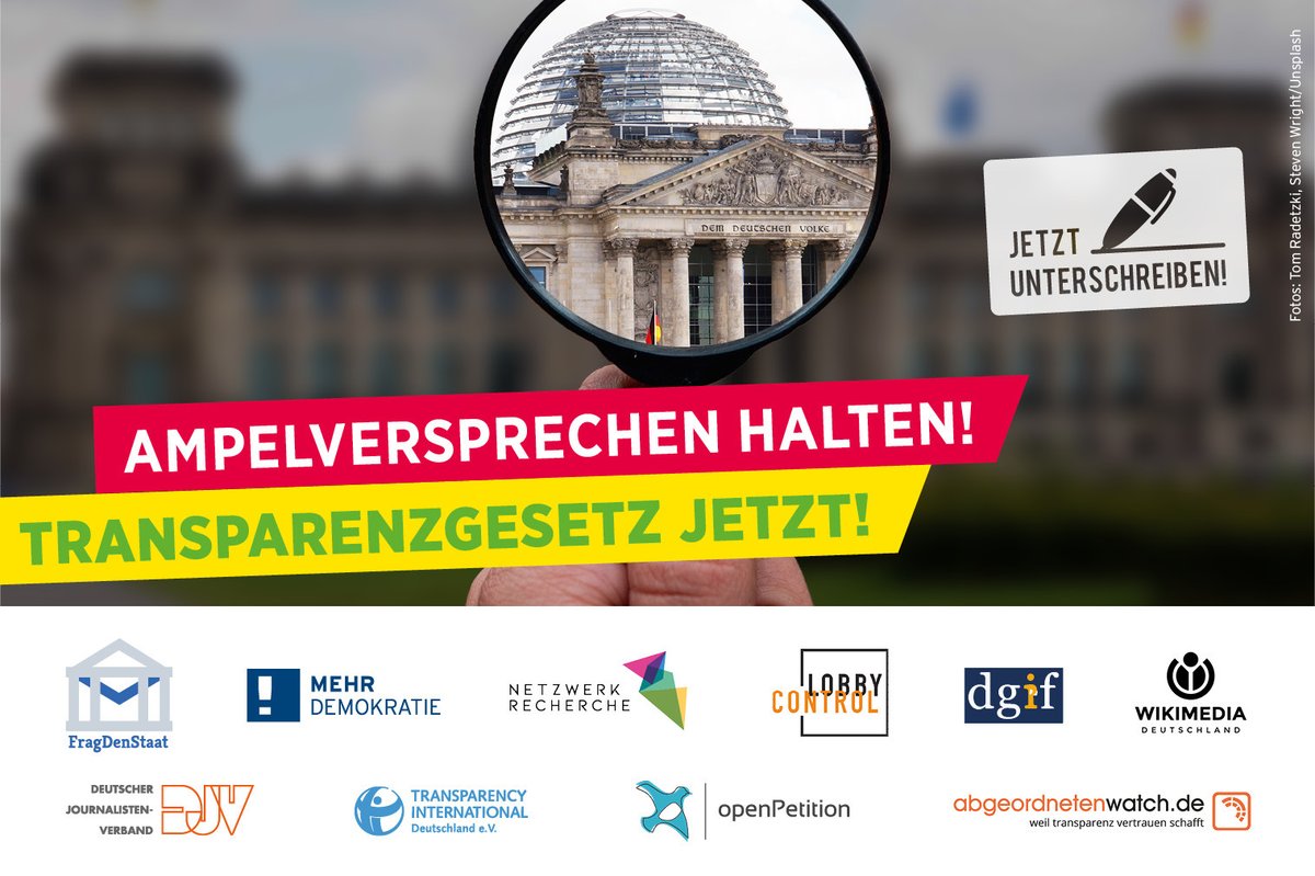 Die Politik hat ein Transparenz-Problem 🚨 Die Ampel hat ein Transparenzgesetz versprochen – die Zeit läuft ab. Als Teil der <a href="/okfde/">Open Knowledge Foundation Deutschland</a> und des Bündnis #Transparenzgesetz fordern wir sie auf, das Versprechen zu halten. Unterschreibe jetzt unseren Eil-Appell📝 
openpetition.de/petition/onlin…