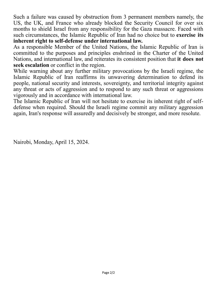IRANinKENYA's tweet photo. Press Release
of the Embassy of the Islamic Republic of Iran in Nairobi
on Invoking Iran’s Inherent Right to Self-Defense under International Law in Response to Israeli Regime’s Armed Attack on Iran’s Diplomatic Premises in Damascus, Syria.
#TruePromise 
#true_Promise
#Nevatim https://t.co/aKTqM0zokj