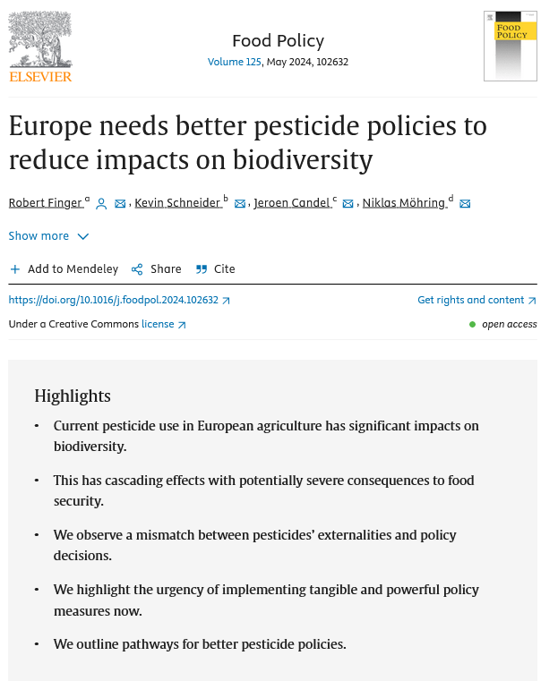 Robert Finger (@robertfinger1) on Twitter photo 'Europe needs better pesticide policies to reduce impacts on biodiversity'
New policy comment in Food Policy with Kevin Schneider (<a href="/k__schneider/">Kevin Schneider</a>), Jeroen Candel & Niklas Möhring
Open Access: sciencedirect.com/science/articl… 'Europe needs better pesticide policies to reduce impacts on biodiversity'
New policy comment in Food Policy with Kevin Schneider (<a href="/k__schneider/">Kevin Schneider</a>), Jeroen Candel & Niklas Möhring
Open Access: sciencedirect.com/science/articl…