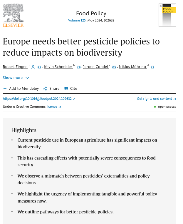 'Europe needs better pesticide policies to reduce impacts on biodiversity' New policy comment in Food Policy with Kevin Schneider (@k__schneider), Jeroen Candel & Niklas Möhring Open Access: sciencedirect.com/science/articl…