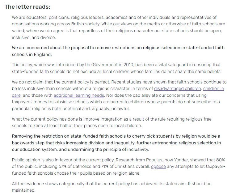 Signatories of this letter, organised by @humanists_uk, are united in their belief that removing the cap on faith-based admissions criteria would be a step back for social cohesion & inclusivity in our schools.  humanists.uk/2024/04/14/rel…