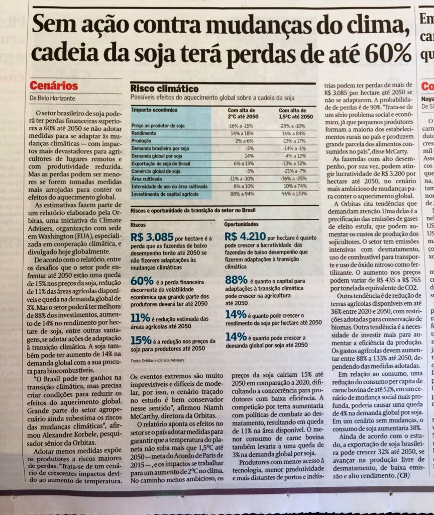 SamCowie84's tweet photo. Valor: “A large part of agribusiness still underestimates the risks of climate change.”

Brazil’s soybean sector could have cash losses of up to 60% by 2050 if it doesn’t adapt to climate change, according to study https://t.co/5pn5MSZMUh