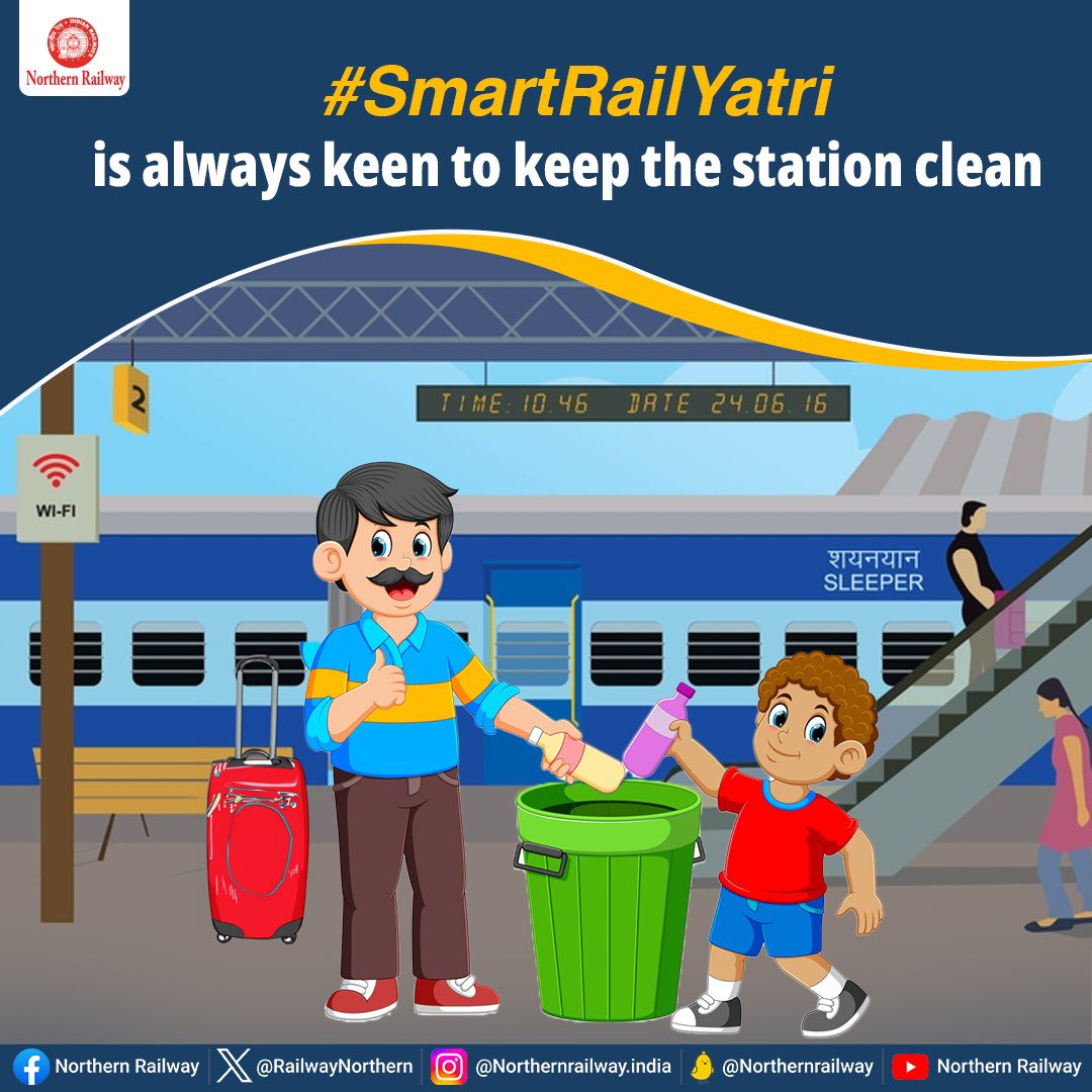 A *#SmartRailYatri* always throws trash in the bin and does not litter their surroundings to ensure a clean journey for themselves and fellow passengers.