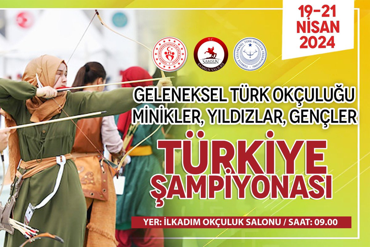 19-21 Nisan tarihleri arasında Samsun İlkadım Okçuluk Salonunda düzenlenecek olan Geleneksel Türk Okçuluğu Türkiye Şampiyonasına tüm halkımız davetlidir.