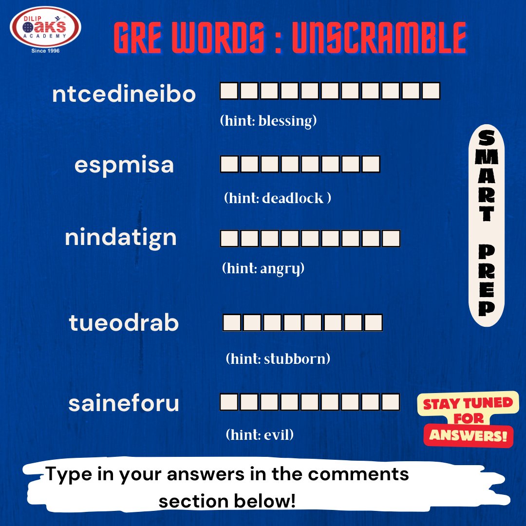 Unleashing the word wizardry! Can you crack these GRE vocabulary puzzles? Stay tuned for the answers... #GREChallenge #WordPlayMaster #GREPrep #WordScrambleMania #studyabroad #studyabroadconsultants #MsinUS #studyinusa #highereducation #studyinamerica #overseaseducationconsultant