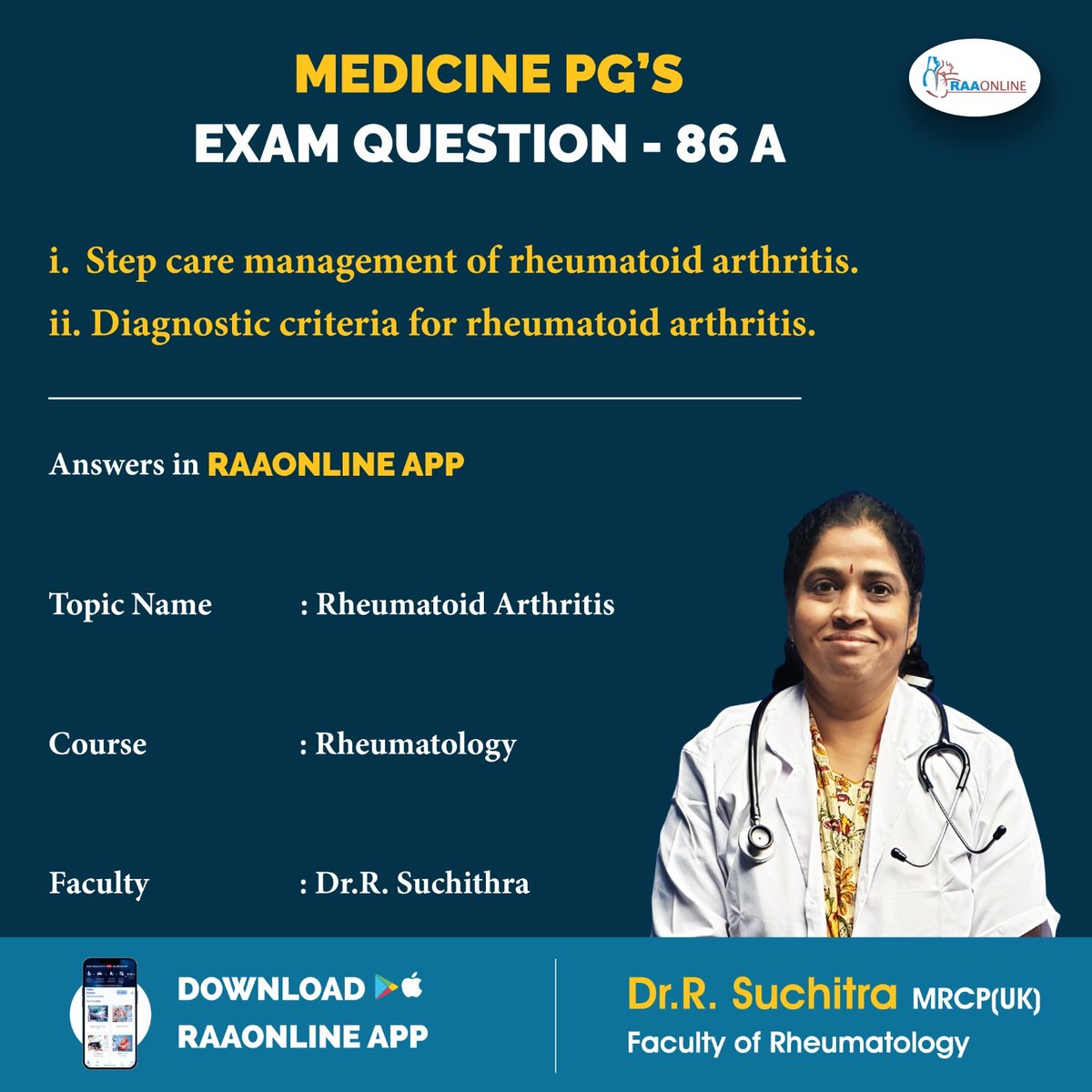 Raaonline's tweet photo. Past exam question for Medicine PG's - Rheumatology Part 86A &amp; B by Dr.R.Suchitra on RAAONLINE App. Android: https://t.co/fSlaHVpc0T  
iOS:https://t.co/oJAMS4dSCa
YouTube: https://t.co/dySkTRiIer
Contact : 9994994266
#medicine #Rheumatology #Rheumatoid #Arthitis #Bonedisease https://t.co/aGDnMveBHg