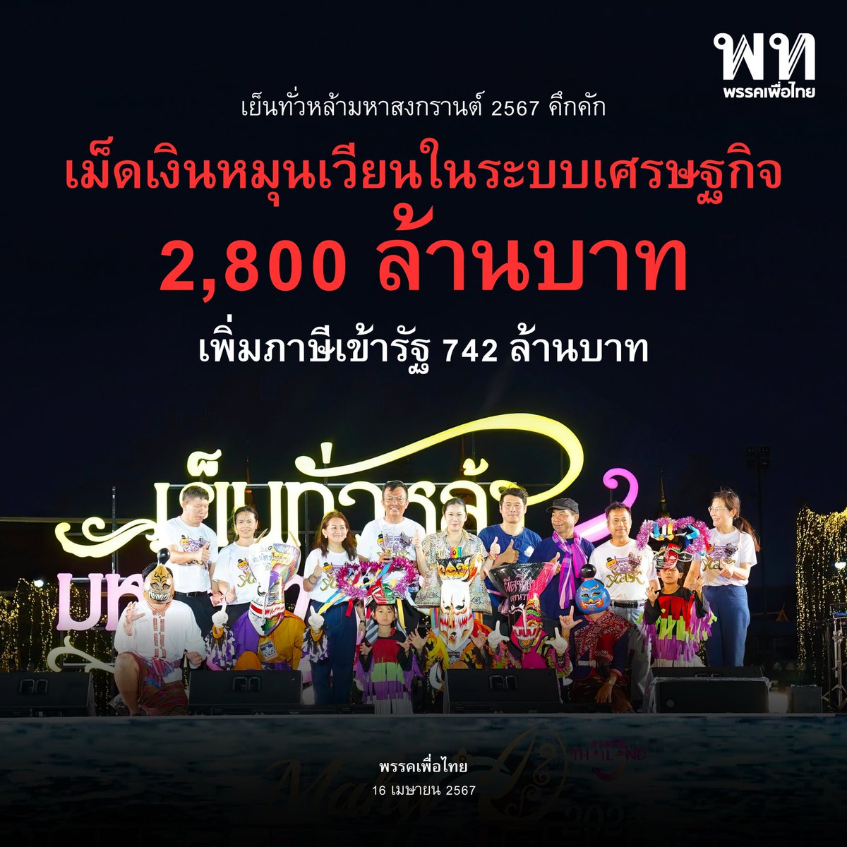 • เย็นทั่วหล้า มหาสงกรานต์ 67 คึกคัก เม็ดเงินหมุนเวียนในระบบเศรษฐกิจ  2,800 ล้านบาท เพิ่มภาษีเข้ารัฐ 742 ล้านบาท • 

ความสำเร็จการจัดงาน Maha Songkran World Water Festival 2024 เย็นทั่วหล้า มหาสงกรานต์ 2567 บริเวณถนนราชดำเนินกลางและพื้นที่ท้องสนามหลวง 

ชัย วัชรงค์